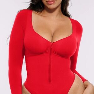Shapellx Red Long Sleeve Shapewear Bodysuit Ruched Zip Front Women's Medium NEW